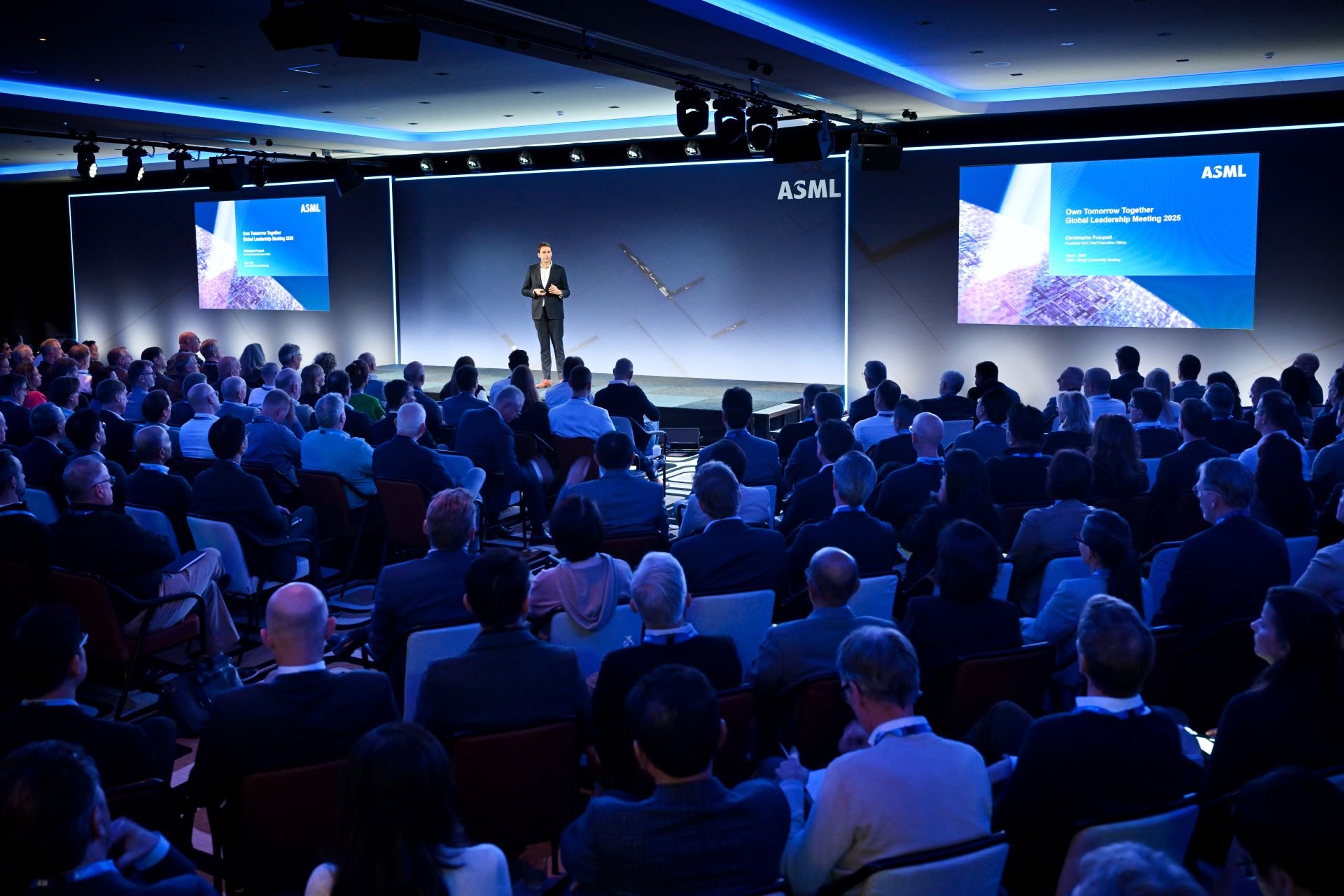 ASML CEO Christophe Fouquet speaking on stage at an event ASML CEO Christophe Fouquet speaking on stage at an event