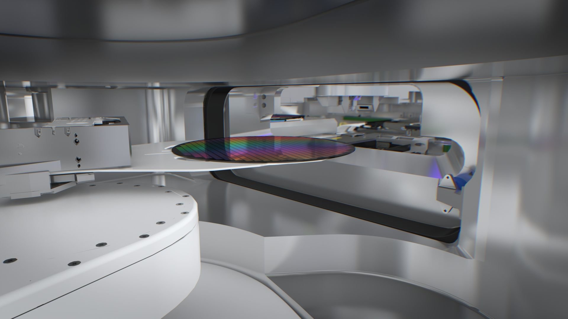 Inside NXE3400 - The wafer handler bringing a wafer into the machine Inside NXE3400 - The wafer handler bringing a wafer into the machine